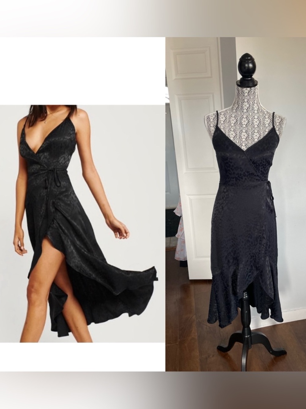 Abercrombie & Fitch Leopard Print Satin Wrap Midi Dress. Black. Small